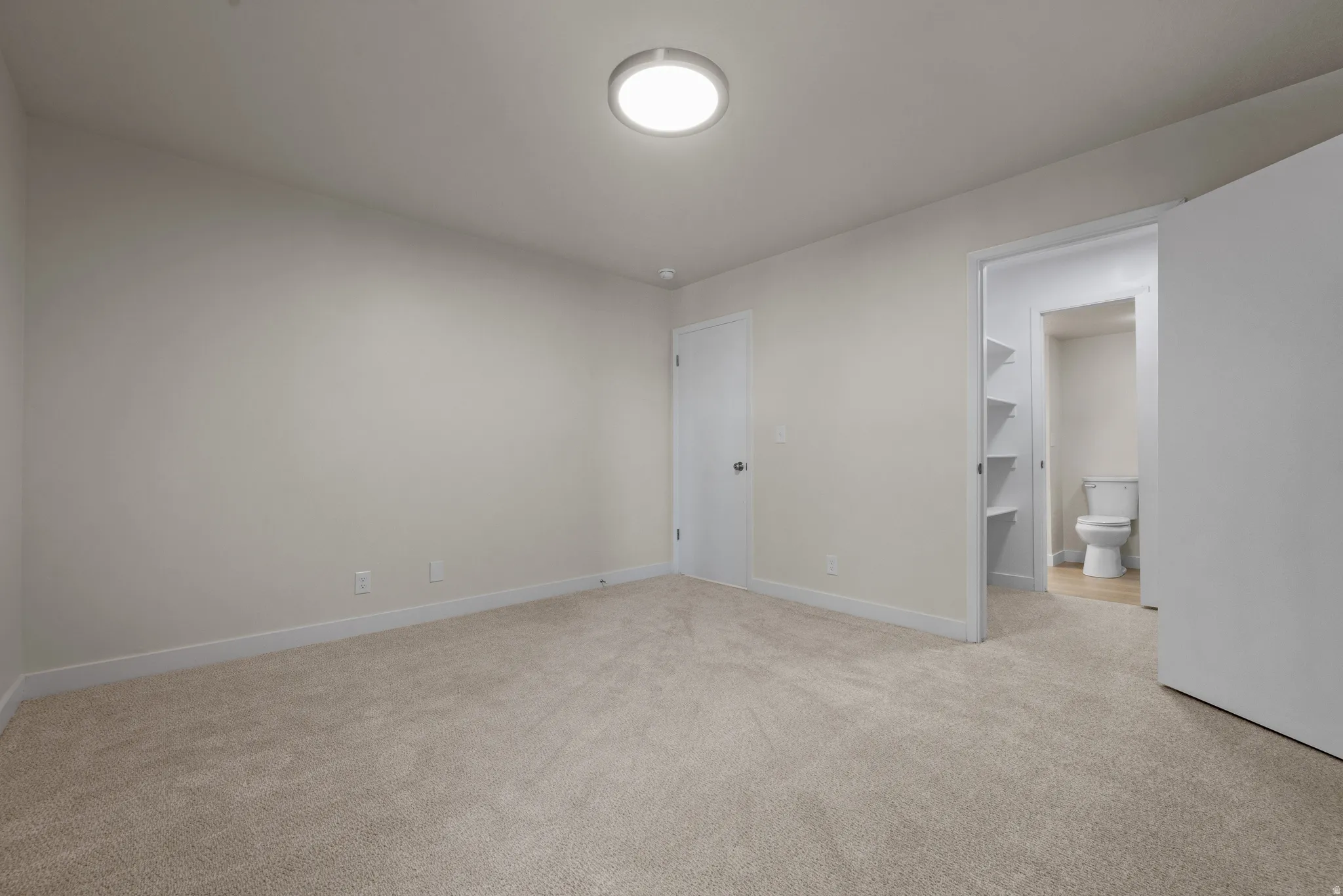 Neutral-toned carpeting and light wall paint in this room, featuring a flush-mount ceiling light fixture