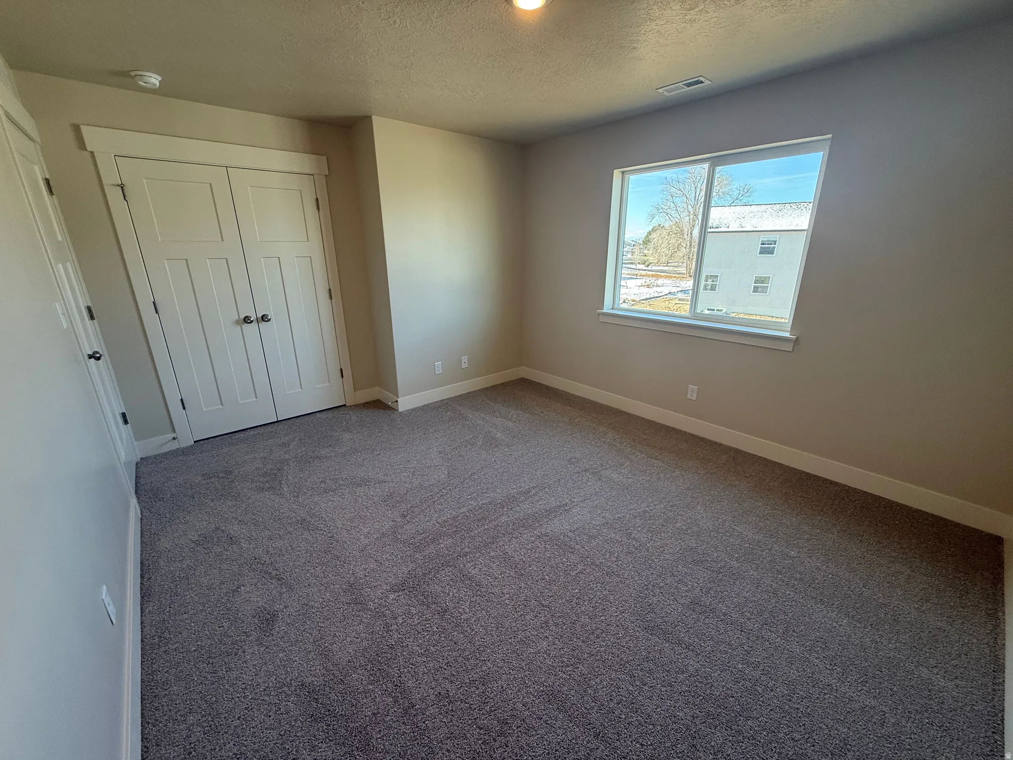 Carpeted room featuring a double-door closet, a large window, light neutral wall paint, white trim, and a ceiling light fixture