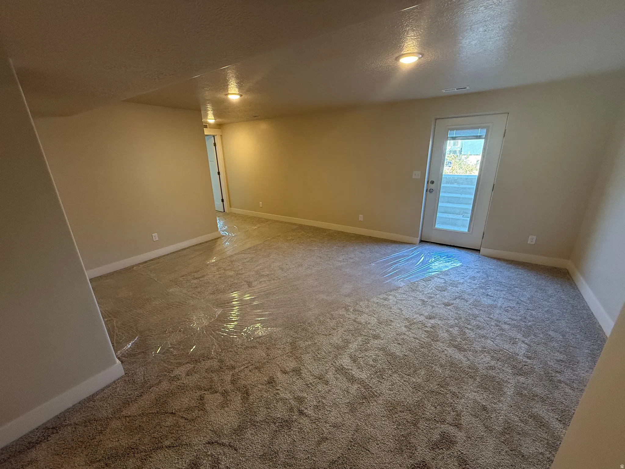 Spacious room featuring new carpet, recessed lighting, neutral wall tones, white baseboards, and a glass-paneled exterior door leading to outdoor stairs
