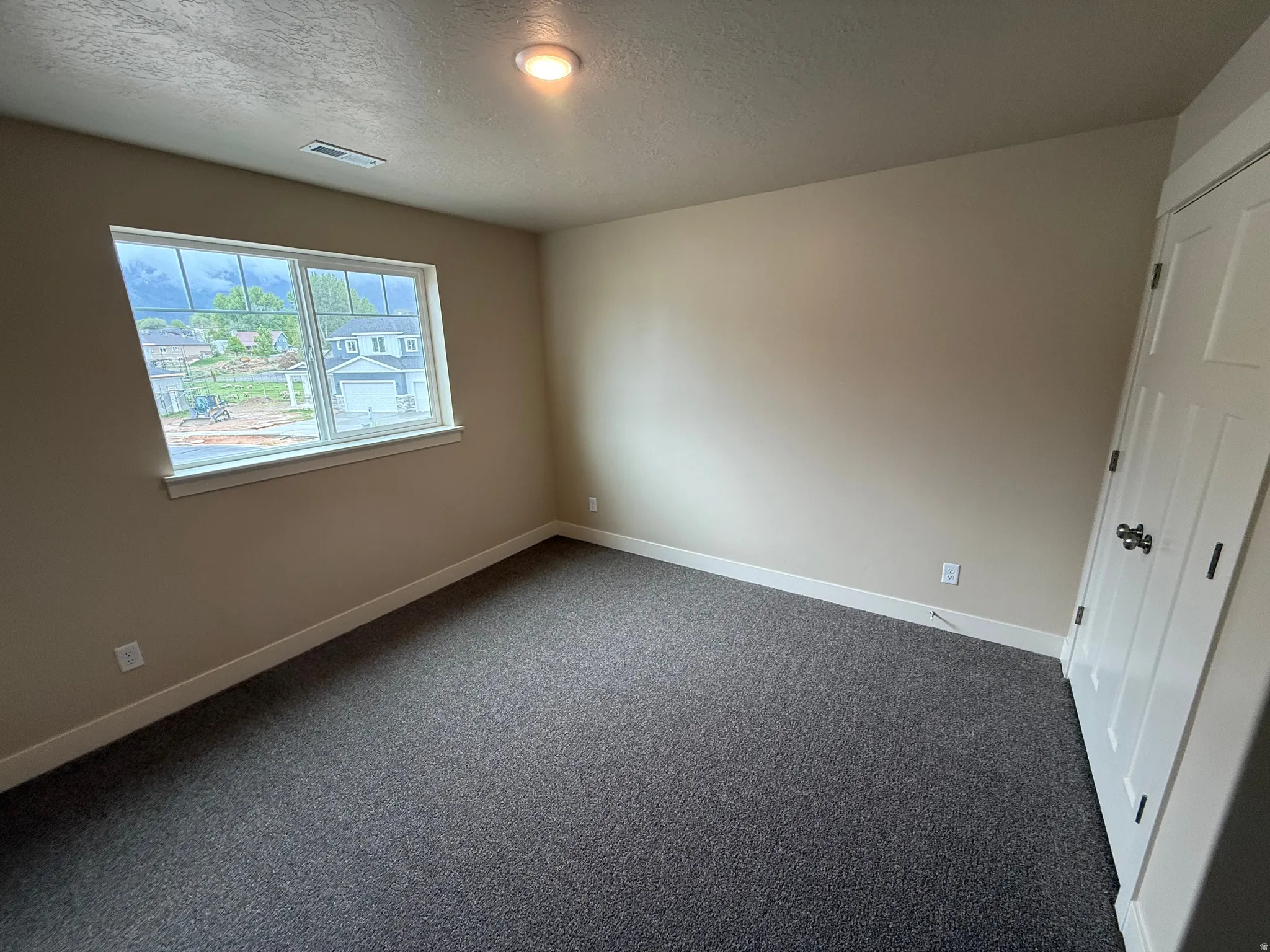 Neutral-toned bedroom featuring a large window, dark carpet, white baseboards, and a paneled door with dark hardware