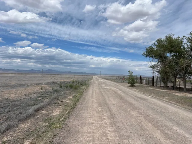 Expansive open land with a gravel road, distant mountains, and established trees along a fence line