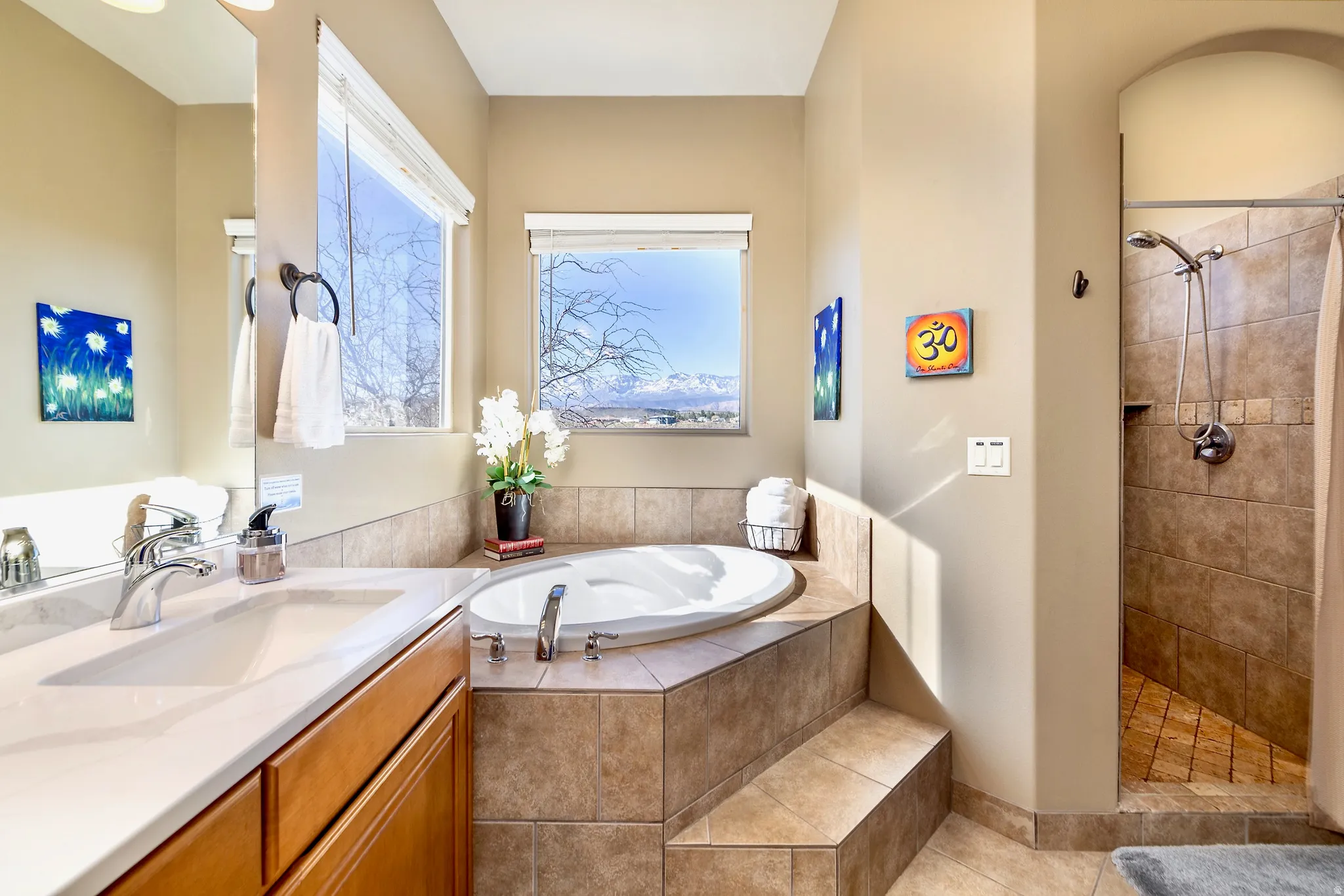 Primary Bath w/ jetted tub and walk-in shower.