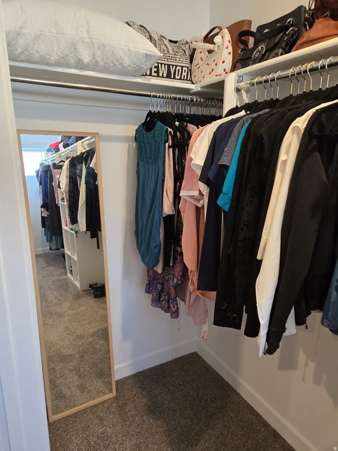 Master Walk-in closet featuring white walls, deep pile carpet, upper shelving, and dual-level hanging rods