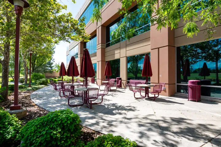 Exterior patio area featuring multiple tables with umbrellas, surrounded by lush green foliage