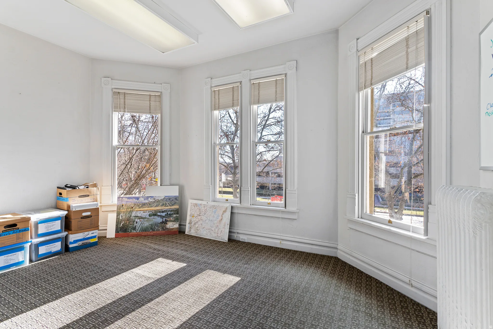Room featuring multiple windows with traditional trim, carpeted flooring, and overhead fluorescent lighting