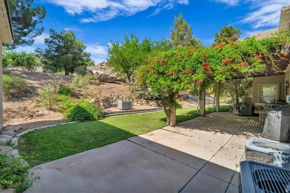 Paved patio area with a wooden pergola featuring vibrant climbing foliage