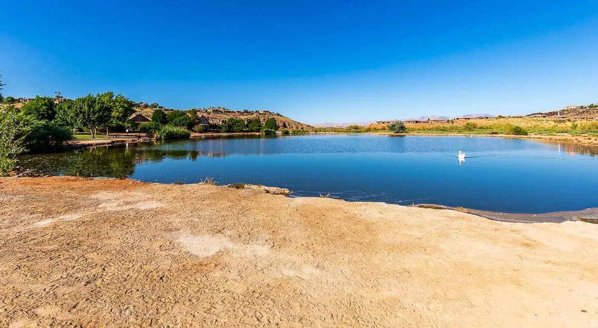 Natural lake with a clear blue sky backdrop