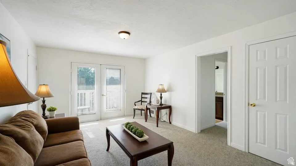 Living area with light-colored carpeting and white painted walls