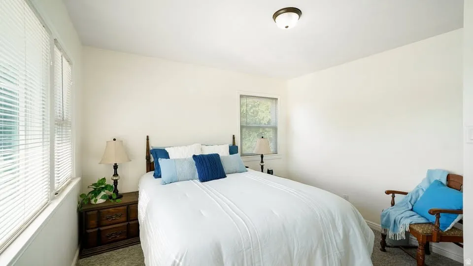 Carpeted interior space featuring neutral walls, a window with horizontal blinds, and a built-in flush mount ceiling light