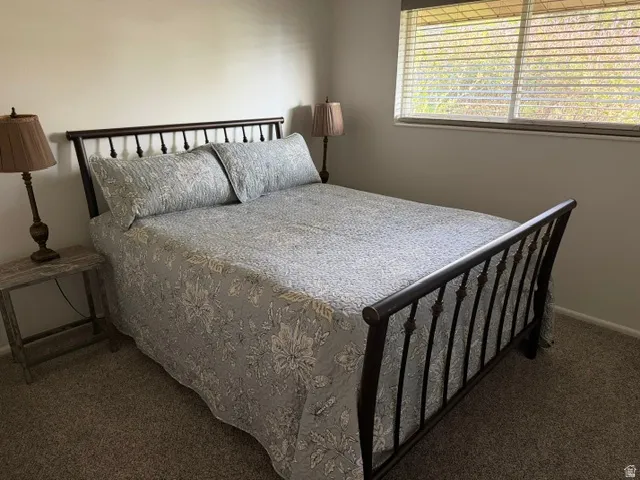 Carpeted room featuring a window with horizontal blinds, providing natural light