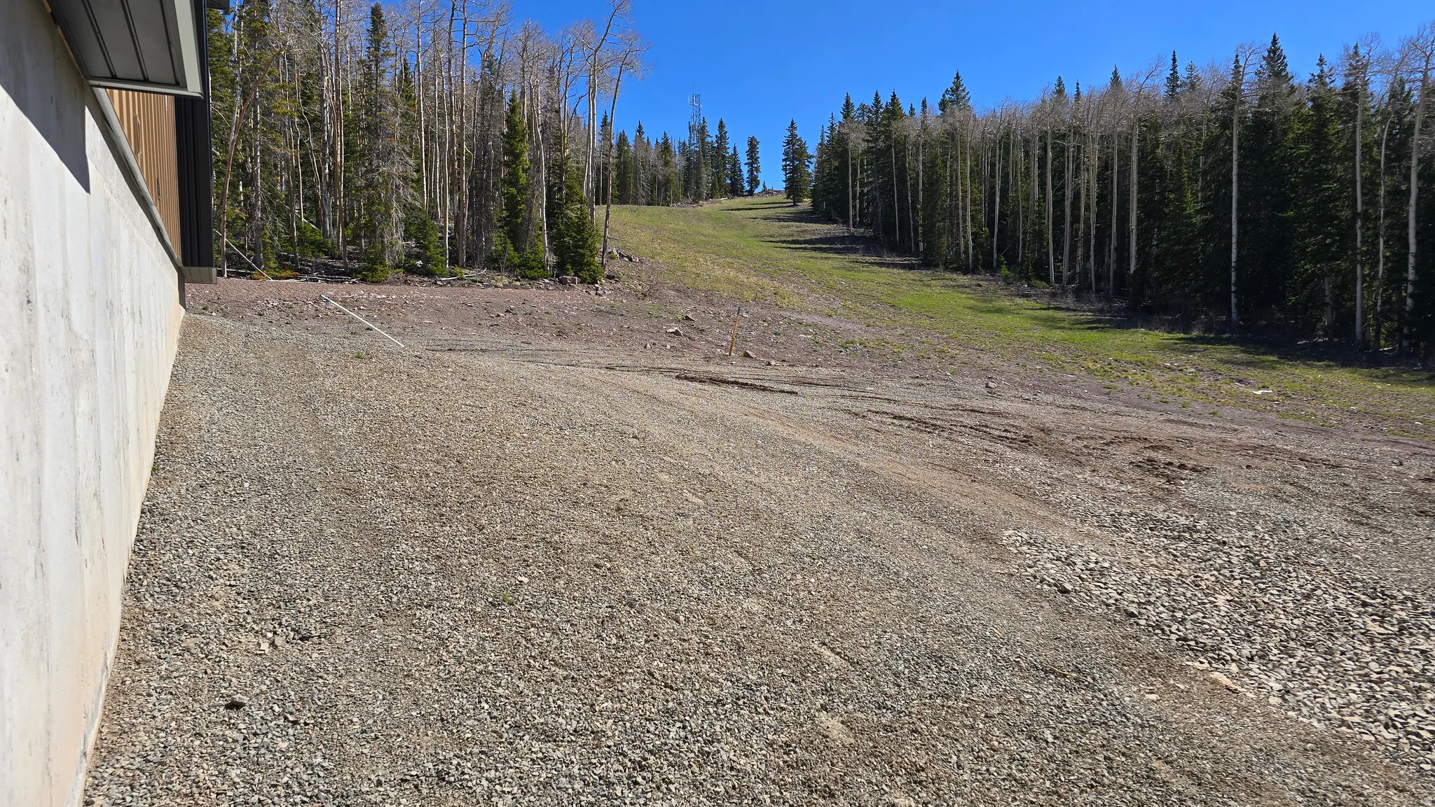 Expansive sloped grounds featuring a combination of gravel and natural terrain