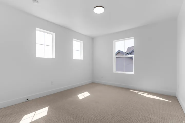 Recessed ceiling light, multiple windows, light neutral wall paint, and neutral carpeting