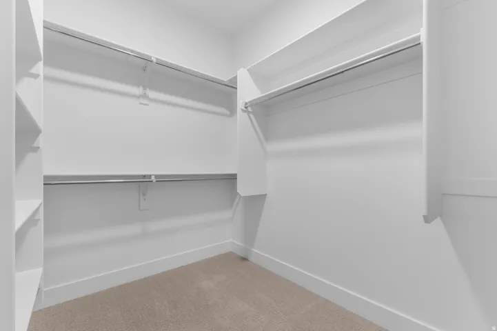Walk-in closet featuring built-in shelving, multiple hanging rods, and neutral carpet flooring