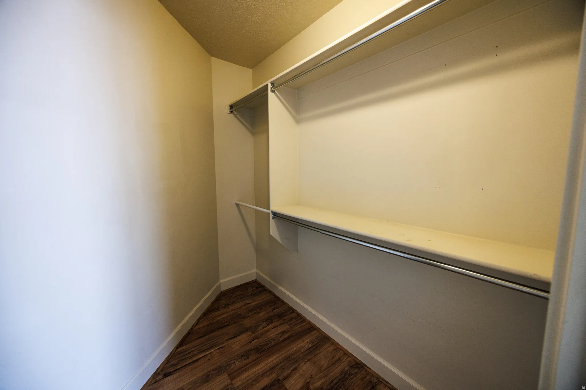 Walk-in closet featuring wood-finish flooring, white painted walls, and built-in shelving with chrome hanging rods