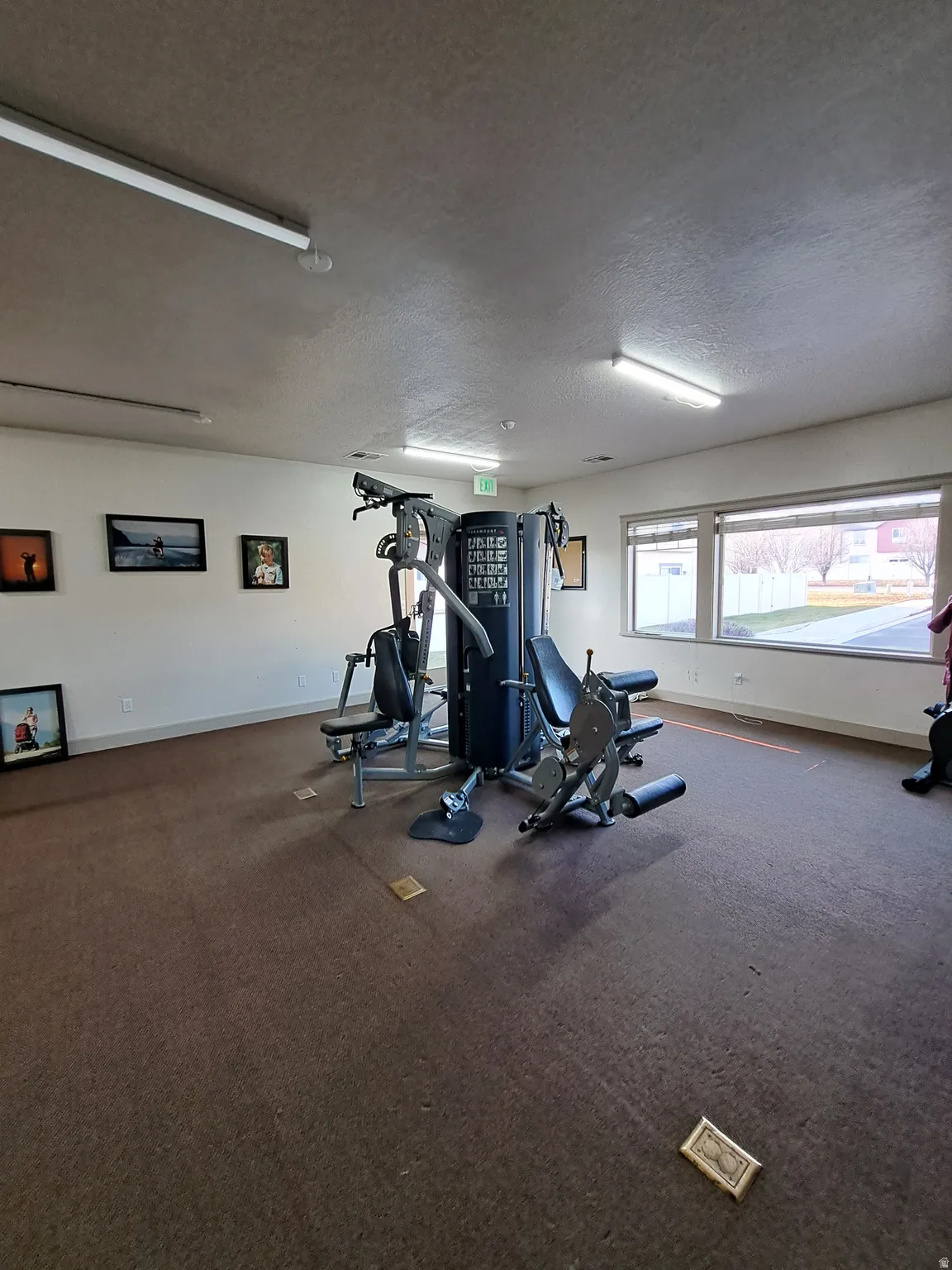 Carpeted room with white walls, multiple windows, and overhead fluorescent lighting