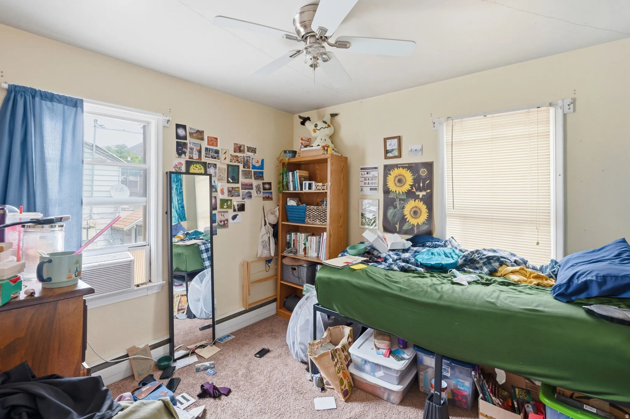 Carpeted interior space featuring a ceiling fan with integrated lighting, two windows, and light-toned walls