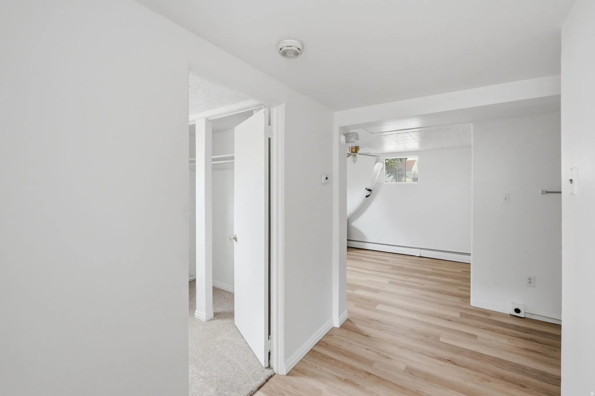 Neutral painted interior walls with white trim and wood-finish flooring