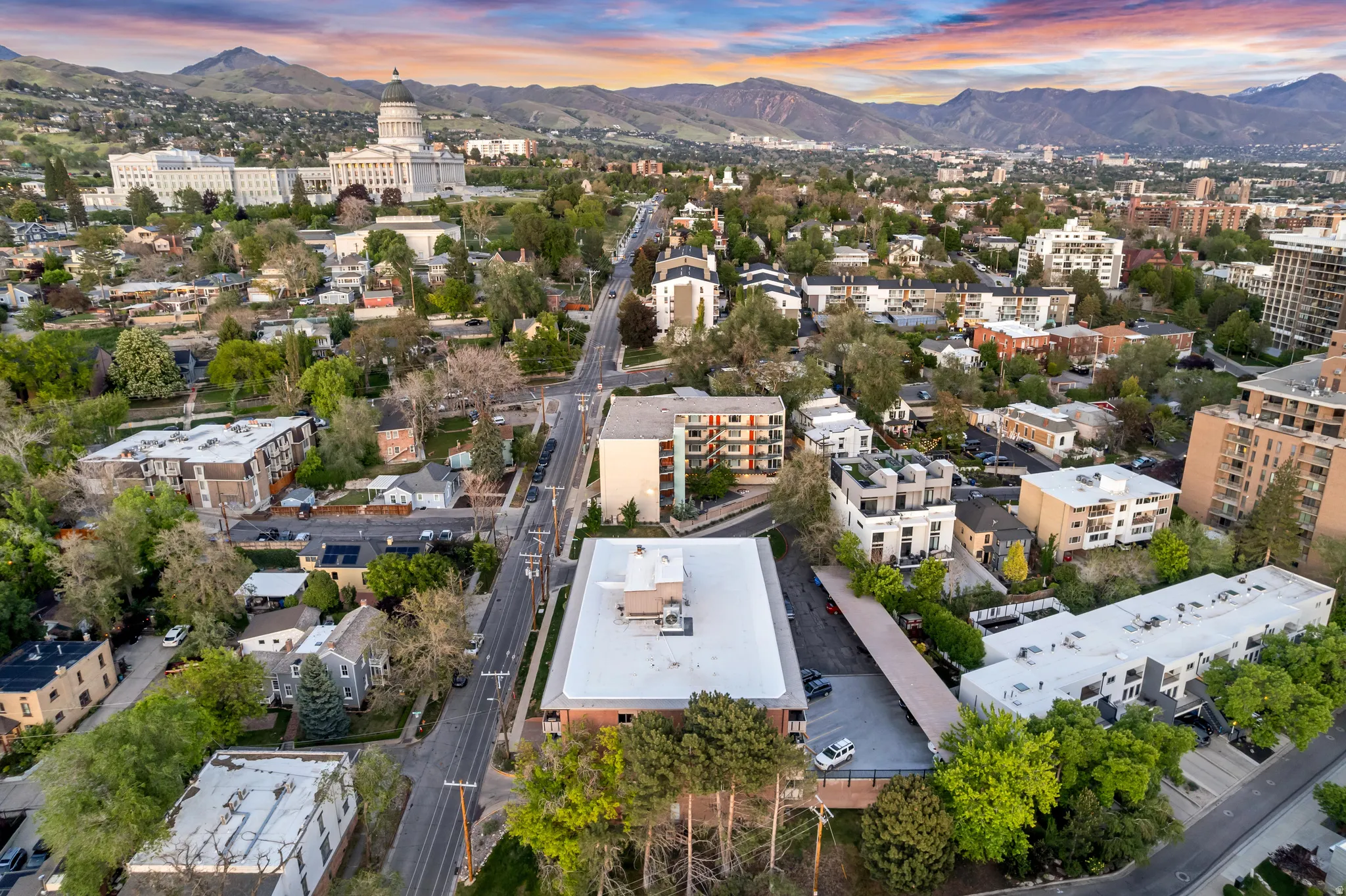 Expansive urban landscape featuring diverse architectural styles and mature trees