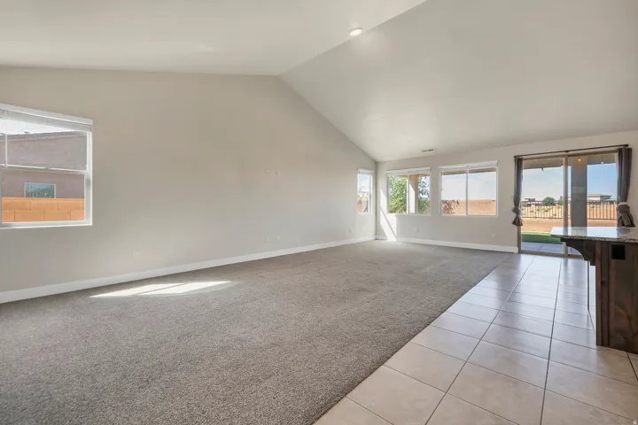 Spacious open-concept room featuring vaulted ceilings, multiple windows, plush carpeting, and a sliding glass door providing exterior access