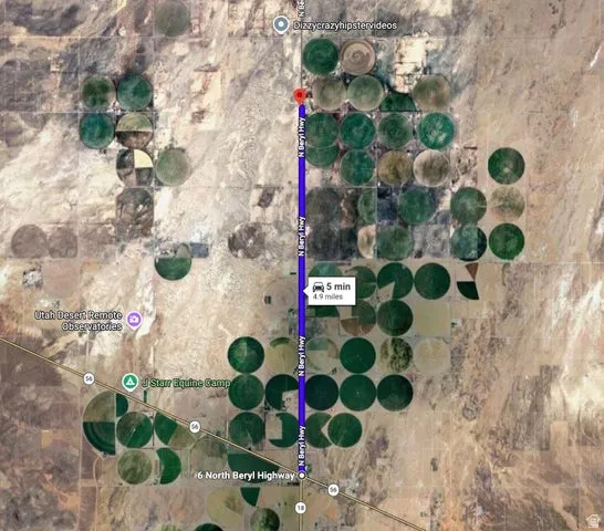 Satellite Map. Displaying a route along N Beryl Highway and surrounding land usage