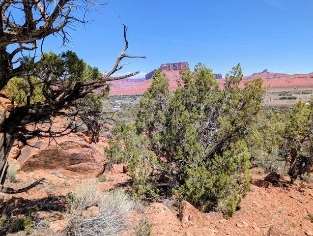 Expansive mountain scenery with distant formations, vibrant green foliage, and natural rock outcroppings