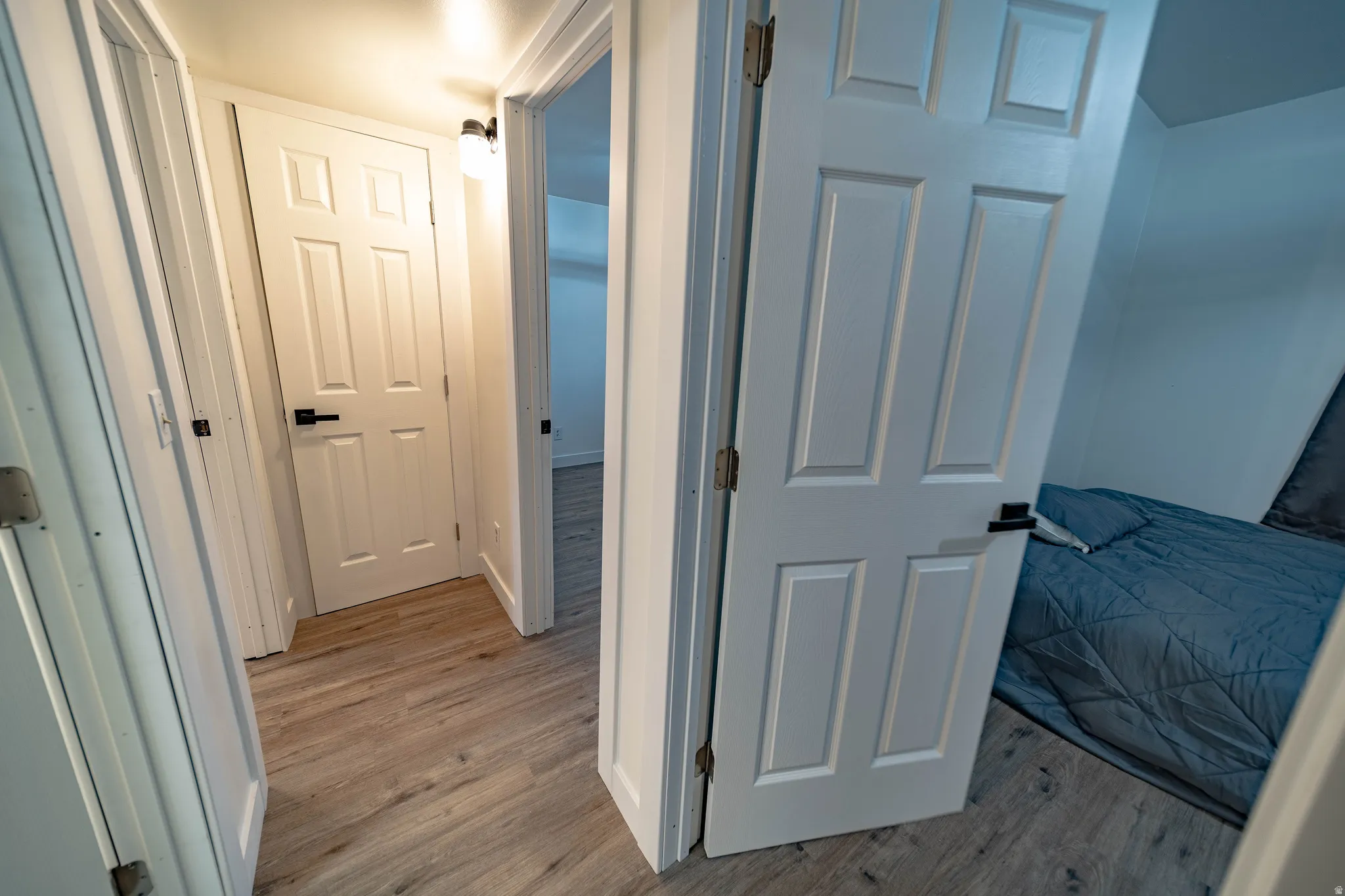 Hallway featuring wood-finish flooring, white paneled doors, and contemporary black hardware