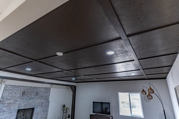 Coffered ceiling featuring dark-toned panels and recessed lighting