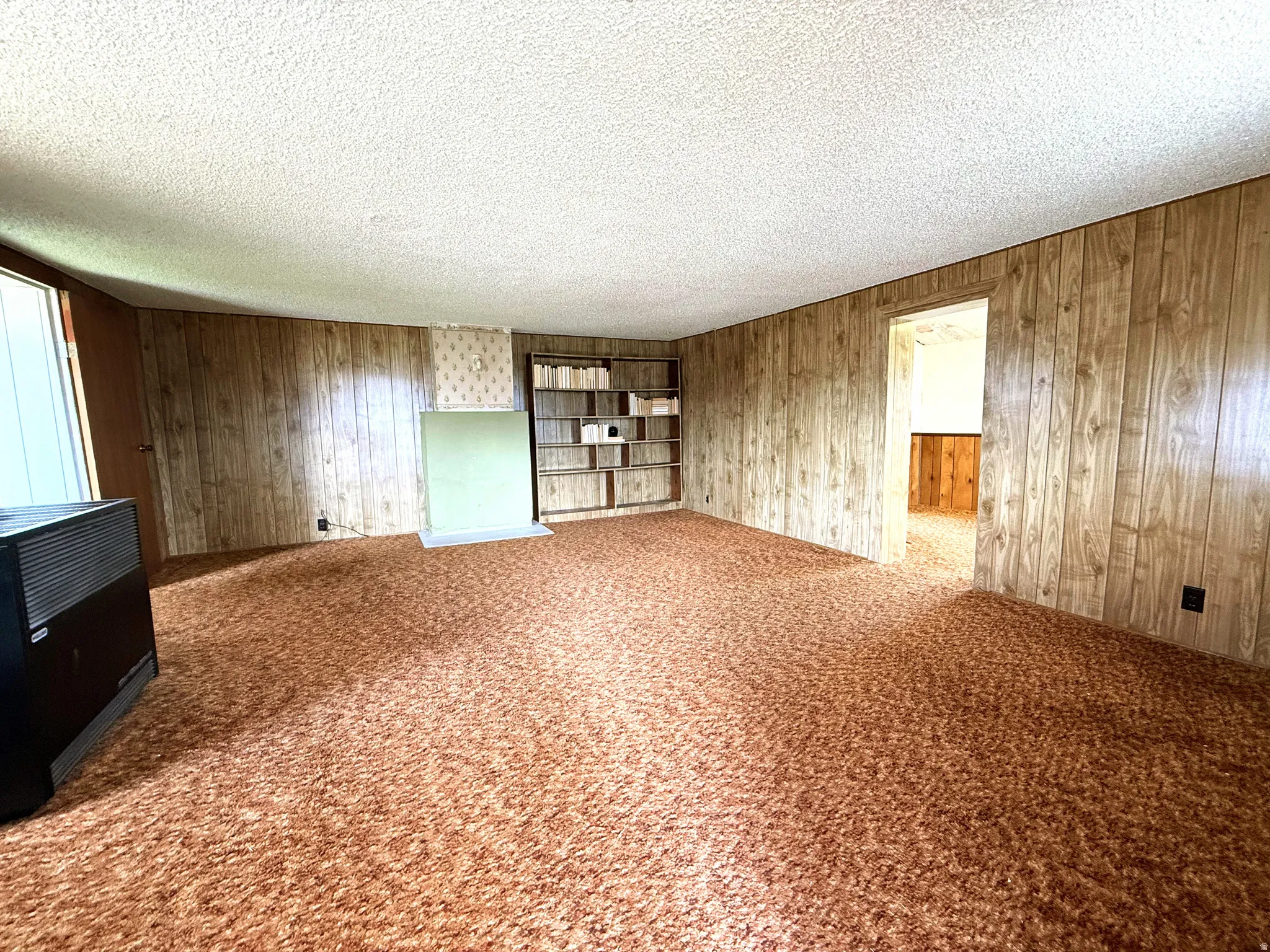 Spacious interior room featuring wood-panel walls, plush orange carpeting, and a textured ceiling
