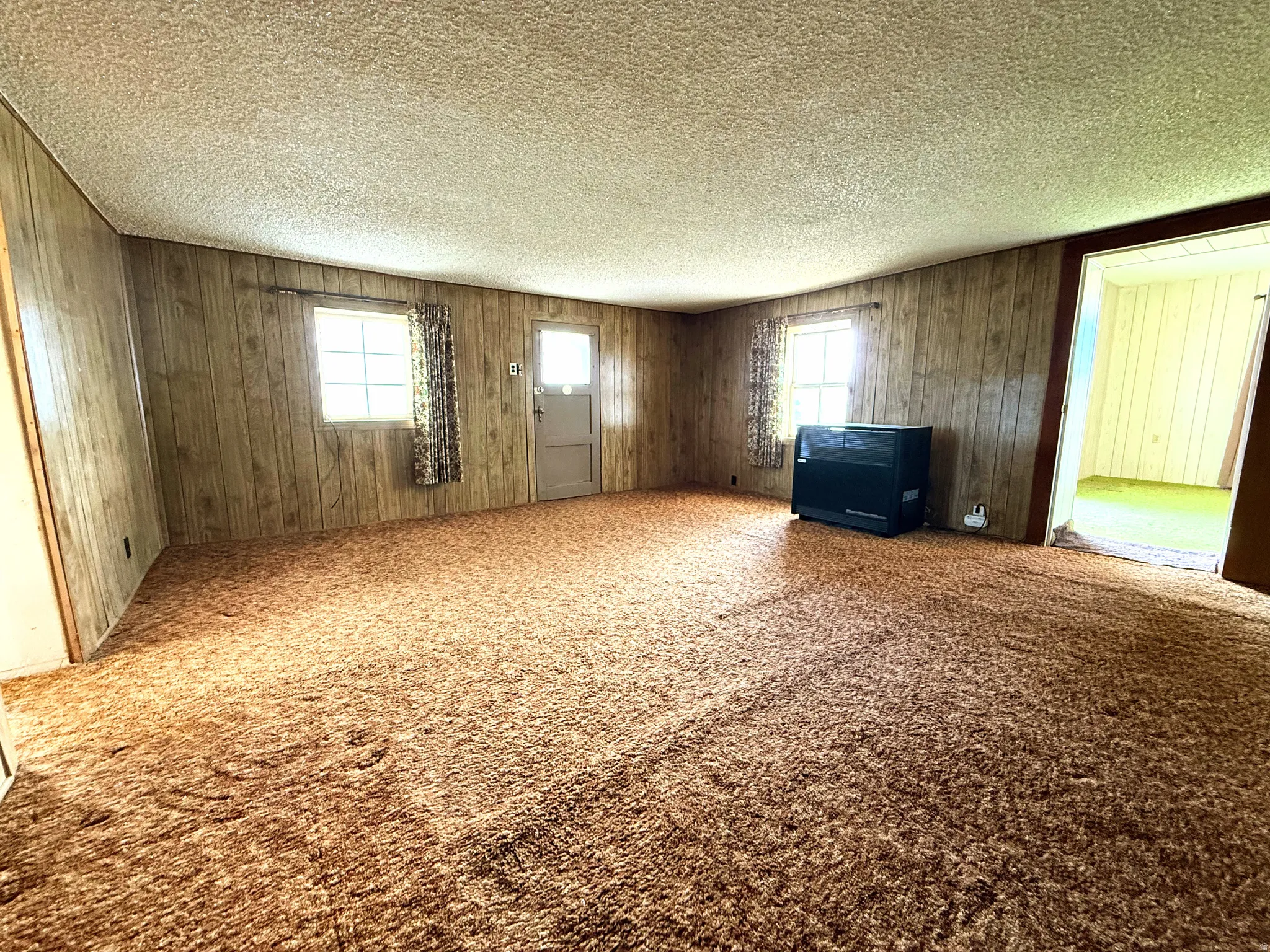 Spacious room featuring textured carpeting, wood-paneled walls, and a textured ceiling
