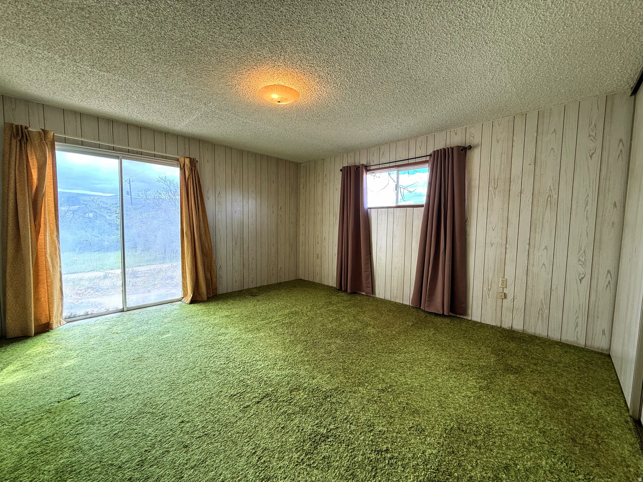 Room featuring a full wall of wood-paneling, a large sliding glass door, an additional window, and a textured ceiling