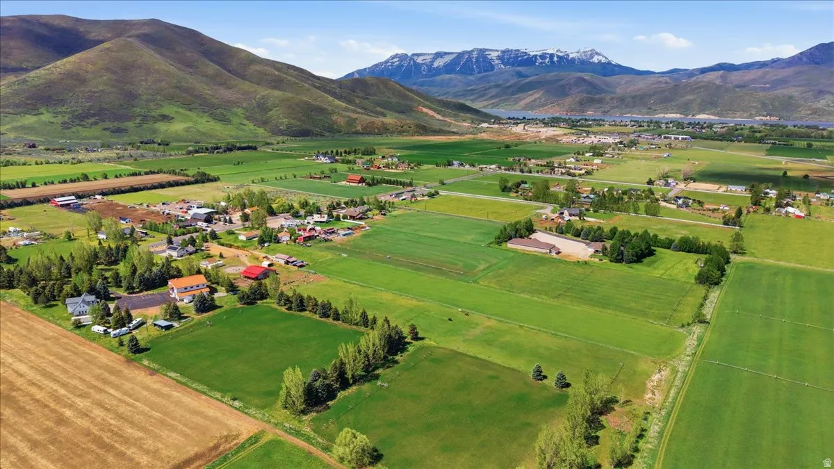 Expansive rural landscape featuring verdant fields, scattered residential properties, and distant snow-capped mountains