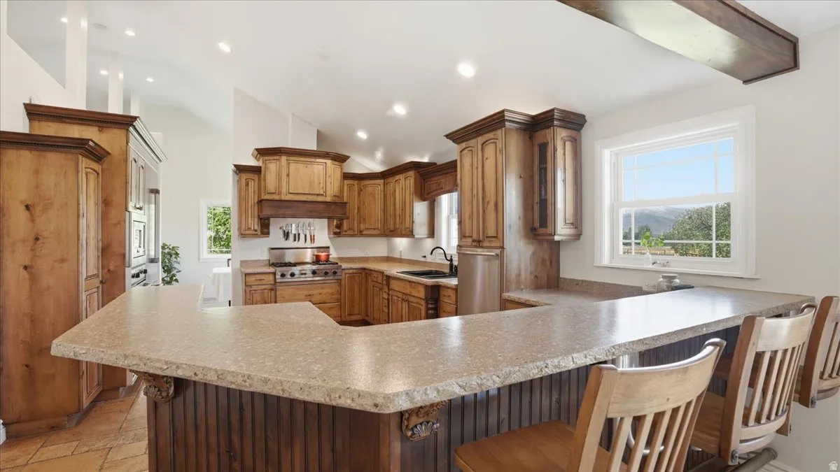 Spacious kitchen featuring an extended peninsula with a light-toned countertop, custom wood cabinetry, stainless steel appliances, and a window with an expansive exterior landscape