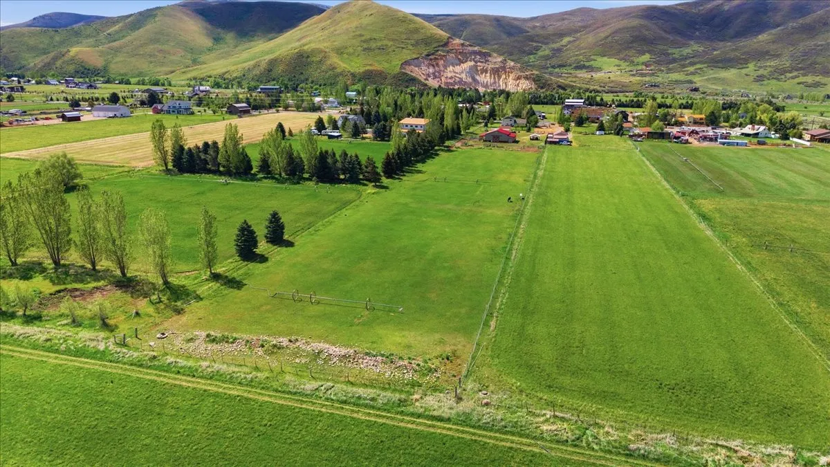 Expansive green fields featuring natural landscaping, bordered by mature trees and distant foothills