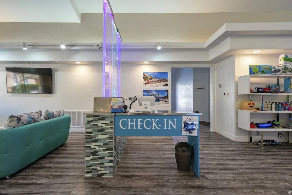 Lobby area featuring wood-finish flooring, a contemporary reception desk with mosaic tile detailing, and a prominent bubble wall display