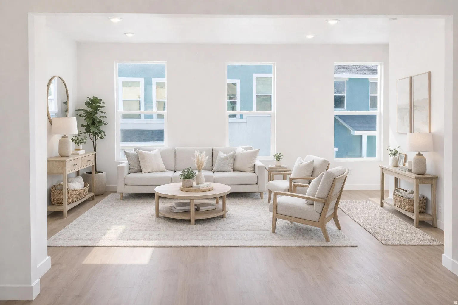 Spacious living area featuring light wood-finish flooring, recessed lighting, and multiple windows