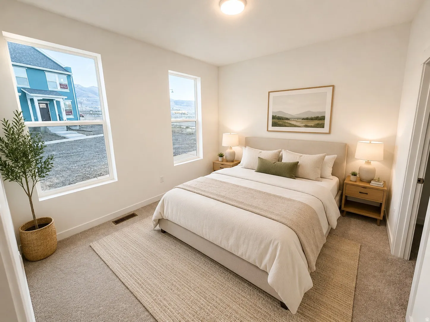 Bedroom featuring carpet flooring, crisp white walls, and a recessed ceiling light