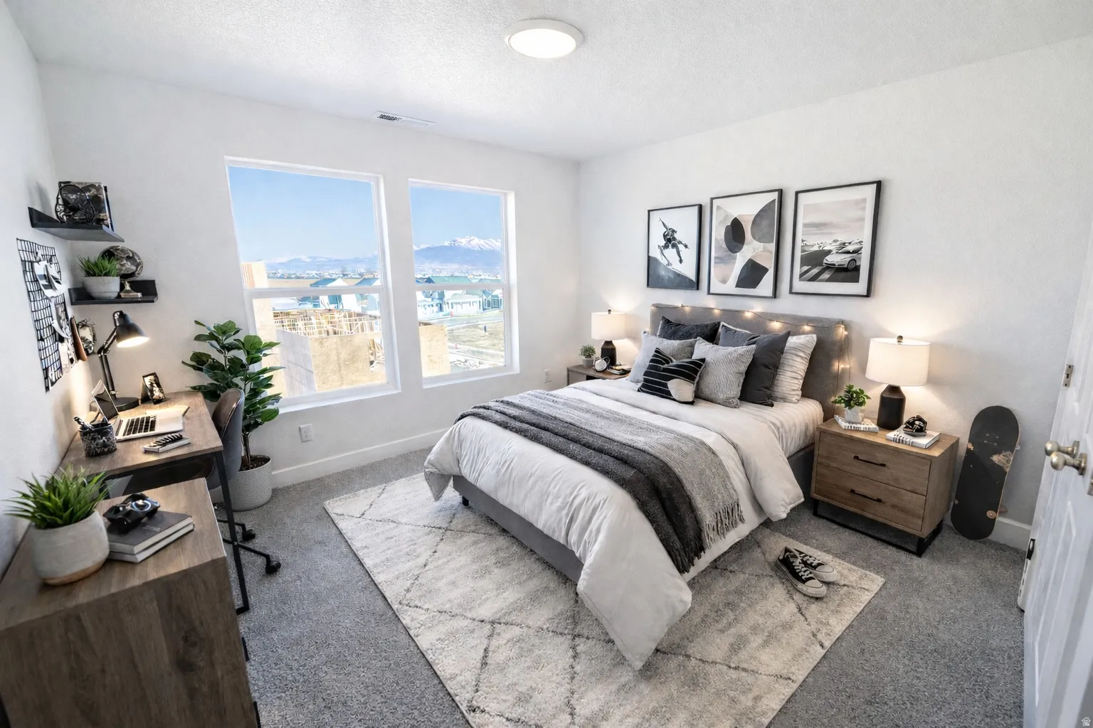 Light-filled room featuring two large windows, soft gray carpeting, a contemporary flush-mount ceiling light, and white walls