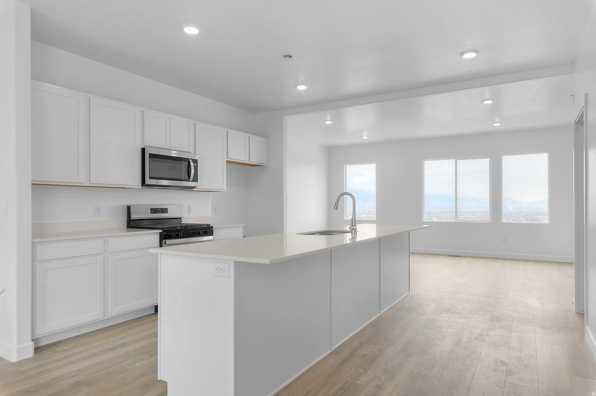 Kitchen featuring an expansive island with an undermount sink, white cabinetry, integrated stainless steel appliances, recessed lighting, and wood-finish flooring