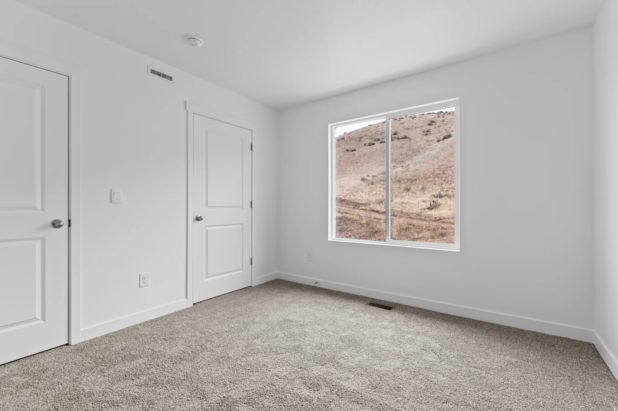 Bright room with a large window and neutral-toned carpeting