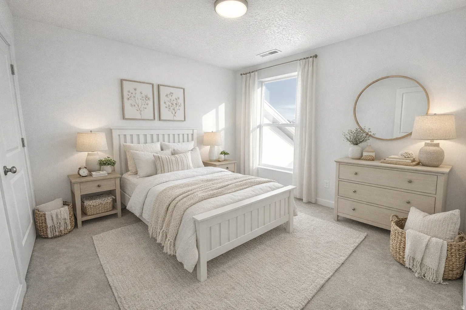 Bedroom with neutral carpeting and white walls