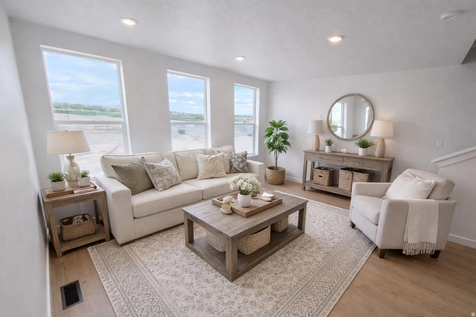Bright living area featuring wood-finish flooring, recessed lighting, and multiple large windows