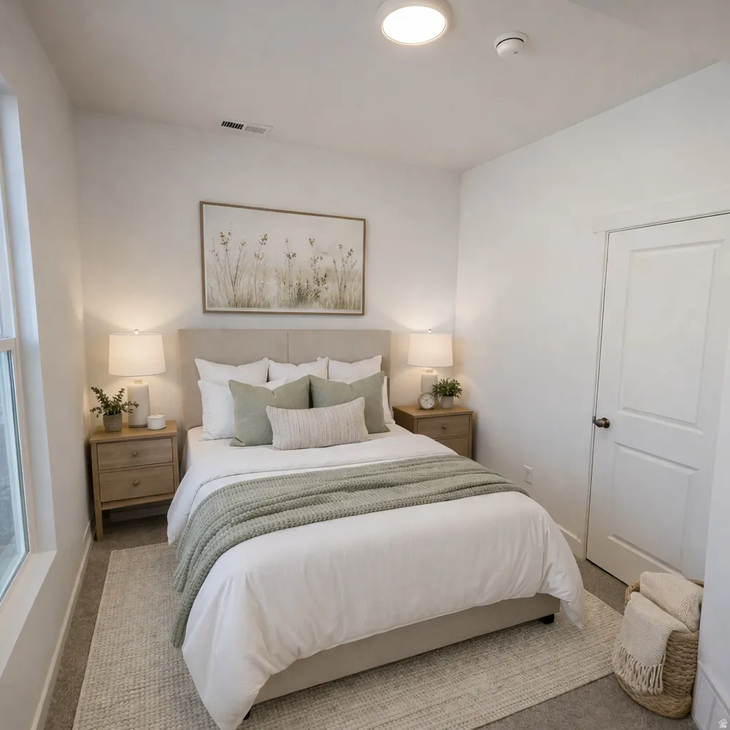 Bedroom featuring neutral wall colors, wall-to-wall carpeting, a large window, a ceiling-mounted light fixture, and a solid white door