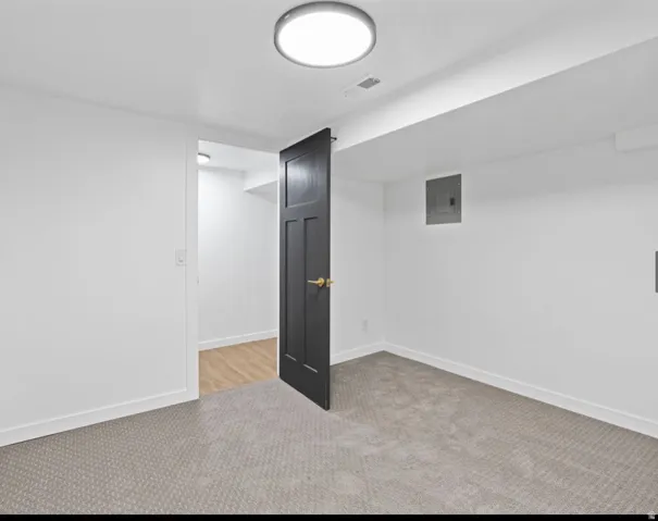 Room featuring neutral patterned carpeting, white walls with white baseboards, and a modern flush-mount ceiling light