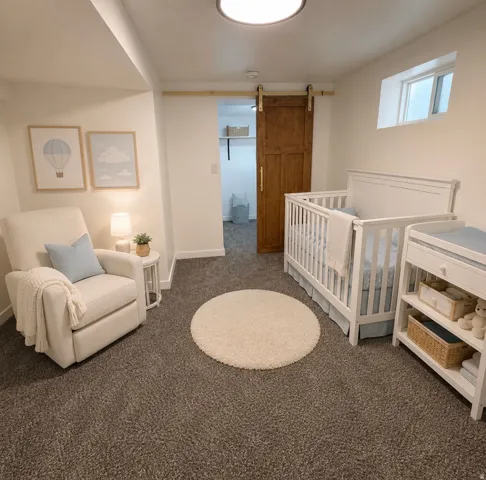 Neutral-toned room with plush carpeting, featuring a wood-panel barn door and a high window