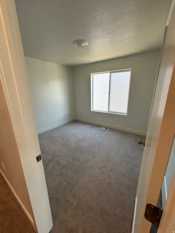 Recessed lighting, neutral paint, gray carpeting, white trim, and a window with a frosted privacy film