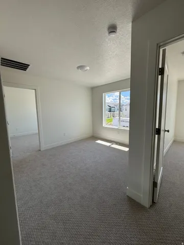 Plush carpet flooring, white painted walls, recessed ceiling lighting, and a visible window