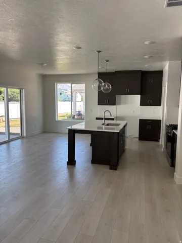 Open-concept living area featuring light wood-finish flooring, dark cabinetry, and recessed lighting