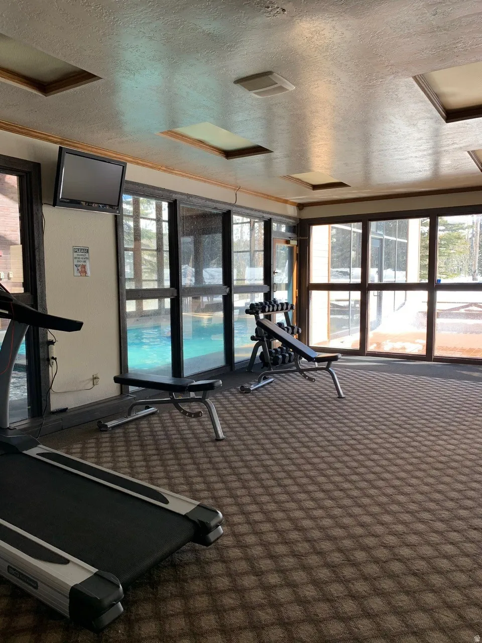 Indoor amenity space featuring large windows, patterned carpet flooring, and a flat-panel television