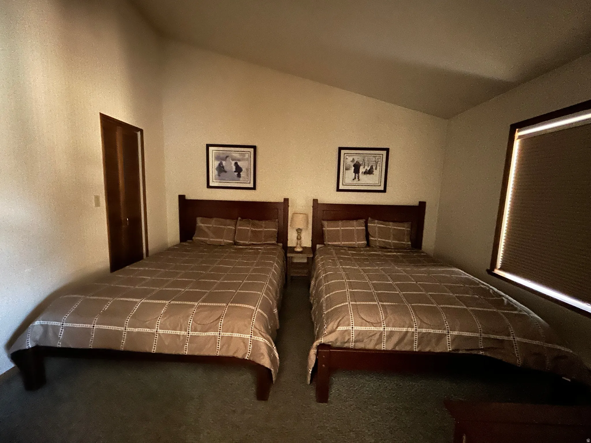 Vaulted ceiling with an angled wall, two dark-wood bed frames, a window with a cellular blind, and dark carpeting
