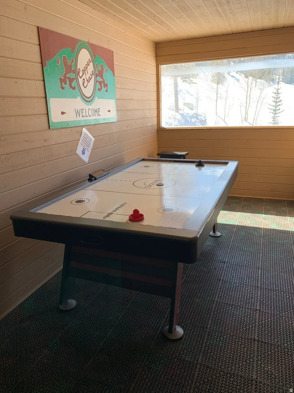 Recreation space featuring an air hockey table, horizontal wood paneling, and a large picture window